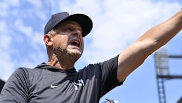 Aug 17, 2025; St. Louis, Missouri, USA;  New York Yankees manager Aaron Boone (17) reacts after center fielder Trent Grisham (not pictured) was called out on strikes against the St. Louis Cardinals during the fourth inning at Busch Stadium. Mandatory Credit: Jeff Curry-Imagn Images