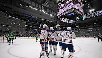 Edmonton Oilers center Jeff Skinner (53) reacts with teammates after scoring a goal against the Dallas Stars during the first period in game five of the Western Conference Final