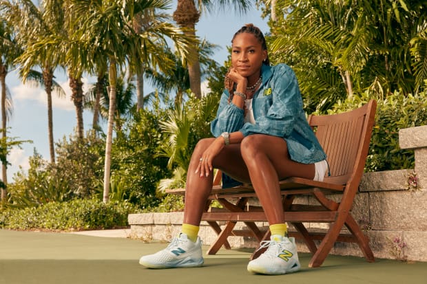 Coco Gauff models New Balance apparel and shoes.