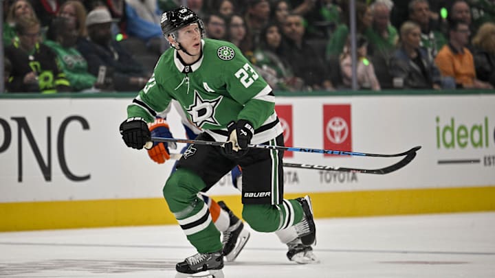 Oct 12, 2024; Dallas, Texas, USA; Dallas Stars defenseman Esa Lindell (23) in action during the game between the Dallas Stars and the New York Islanders at the American Airlines Center. Mandatory Credit: Jerome Miron-Imagn Images