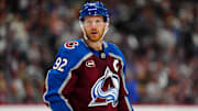 Mar 25, 2025; Denver, Colorado, USA; Colorado Avalanche left wing Gabriel Landeskog (92) during the third period against the Dallas Stars at Ball Arena. Mandatory Credit: Ron Chenoy-Imagn Images