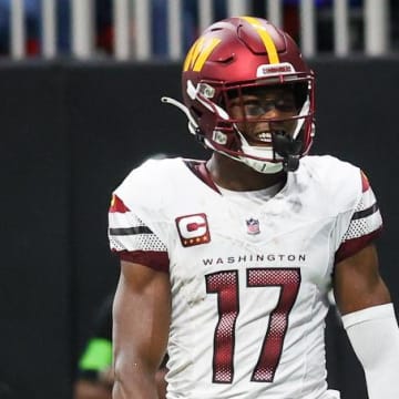 Oct 15, 2023; Atlanta, Georgia, USA; Washington Commanders wide receiver Terry McLaurin (17) reacts after a catch against the Atlanta Falcons in the second quarter at Mercedes-Benz Stadium. Mandatory Credit: Brett Davis-USA TODAY Sports