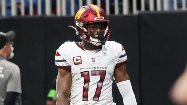 Oct 15, 2023; Atlanta, Georgia, USA; Washington Commanders wide receiver Terry McLaurin (17) reacts after a catch against the Atlanta Falcons in the second quarter at Mercedes-Benz Stadium. Mandatory Credit: Brett Davis-USA TODAY Sports