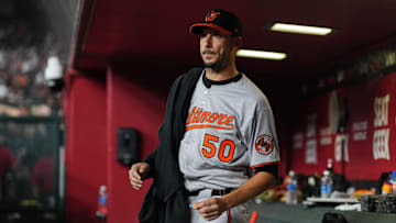 Apr 8, 2025; Phoenix, Arizona, USA; Baltimore Orioles pitcher Charlie Morton (50) looks on against the Arizona Diamondbacks during the fourth inning at Chase Field. 
