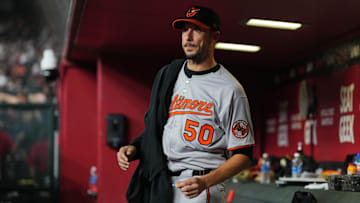Apr 8, 2025; Phoenix, Arizona, USA; Baltimore Orioles pitcher Charlie Morton (50) looks on against the Arizona Diamondbacks during the fourth inning at Chase Field. 