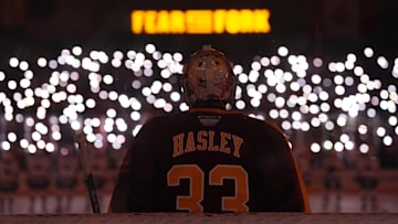 Oct 4, 2025; Tempe, AZ, USA; Arizona State Sun Devils goalie Connor Hasley (33) looks on before the first period against the Penn State Nittany Lions at Mullett Arena. Mandatory Credit: Joe Camporeale-Imagn Images
