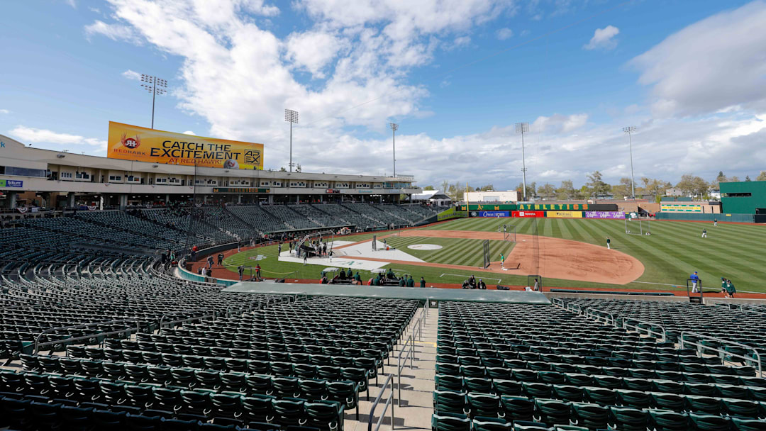 Mar 31, 2025; West Sacramento, California, USA; A general view of Sutter Health Park before the game between the Athletics and the Chicago Cubs. Mandatory Credit: Sergio Estrada-Imagn Images