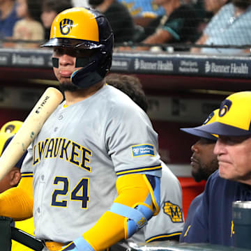 Sep 14, 2024; Phoenix, Arizona, USA; Milwaukee Brewers shortstop Willy Adames (27) gets ready to hit against the Arizona Diamondbacks in the first inning at Chase Field.