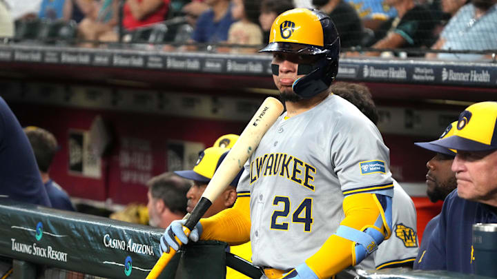 Sep 14, 2024; Phoenix, Arizona, USA; Milwaukee Brewers shortstop Willy Adames (27) gets ready to hit against the Arizona Diamondbacks in the first inning at Chase Field.