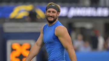 Oct 27, 2024; Inglewood, California, USA;  Los Angeles Chargers linebacker Joey Bosa (97) warms up prior to the game against the New Orleans Saints at SoFi Stadium. Mandatory Credit: Jayne Kamin-Oncea-Imagn Images