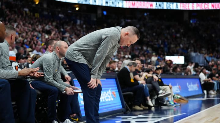 Mar 29, 2024; Denver, Colorado, USA; Denver Nuggets head coach Michael Malone reacts in the second quarter against the Minnesota Timberwolves at Ball Arena. Mandatory Credit: Ron Chenoy-USA TODAY Sports