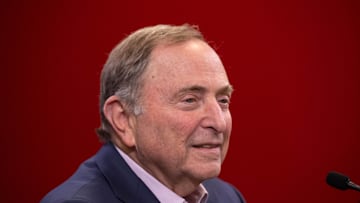 Nov 19, 2024; Ottawa, Ontario, CAN; NHL commissioner Gary Bettman speaks to the media prior to game between the Edmonton Oilers and the Ottawa Senators at the Canadian Tire Centre. Mandatory Credit: Marc DesRosiers-Imagn Images