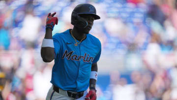 Mar 31, 2024; Miami, Florida, USA;  Miami Marlins center fielder Jazz Chisholm Jr. (2) celebrates
