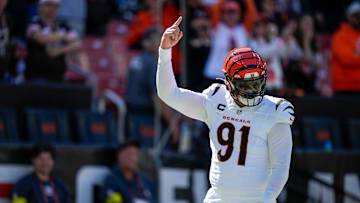Cincinnati Bengals defensive end Trey Hendrickson (91) celebrates as time winds down in the fourth quarter of the NFL Week 1 game between the Cleveland Browns and the Cincinnati Bengals at Huntington Bank Field in Cleveland on Sunday, Sept. 7, 2025. The Bengals begin the season with a 17-16 win over the Browns.