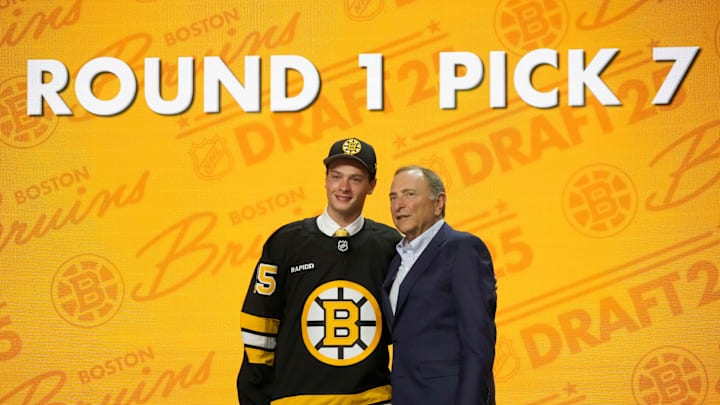 Jun 27, 2025; Los Angeles, California, USA; James Hagens is selected as the seventh overall pick to the Boston Bruins in the first round of the 2025 NHL Draft at Peacock Theater. Mandatory Credit: Kirby Lee-Imagn Images