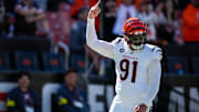 Cincinnati Bengals defensive end Trey Hendrickson (91) celebrates as time winds down in the fourth quarter of the NFL Week 1 game between the Cleveland Browns and the Cincinnati Bengals at Huntington Bank Field in Cleveland on Sunday, Sept. 7, 2025. The Bengals begin the season with a 17-16 win over the Browns.