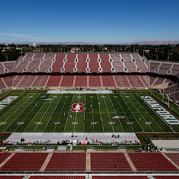 Sep 7, 2024; Stanford, California, USA;  A general view of Stanford Stadium before a game between the Cal Poly Mustangs and the Stanford Cardinal. Mandatory Credit: Sergio Estrada-Imagn Images