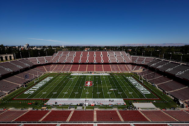 A general view of Stanford Stadium with the new ACC logos adorning the field.