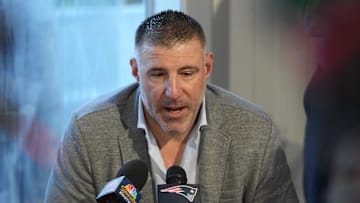 Mar 31, 2025; Palm Beach, FL, USA;  New England Patriots head coach Mike Vrabel answers questions from the media during the NFL Annual League Meeting at The Breakers. Mandatory Credit: Jim Rassol-Imagn Images