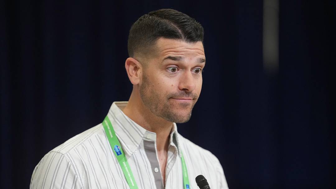 Feb 24, 2026; Indianapolis, IN, USA; Carolina Panthers coach Dave Canales speaks at the NFL Scouting Combine at the Indiana Convention Center. Mandatory Credit: Kirby Lee-Imagn Images