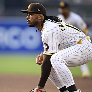 Aug 21, 2024; San Diego, California, USA; San Diego Padres first baseman Luis Campusano (12) looks on during the eighth inning against the Minnesota Twins at Petco Park. Mandatory Credit: Orlando Ramirez-Imagn Images
