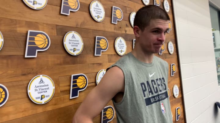 Serbian forward Nikola Djurisic speaks with the media after a pre-draft workout with the Indiana Pacers. (Mandatory Photo Credit: Pacers on SI)