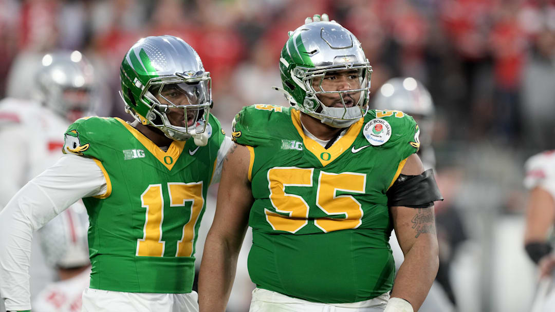 Jan 1, 2025; Pasadena, CA, USA; Oregon Ducks defensive lineman Derrick Harmon (55) reacts in the second half against the Ohio State Buckeyes in the 2025 Rose Bowl college football quarterfinal game at Rose Bowl Stadium. Mandatory Credit: Kirby Lee-Imagn Images