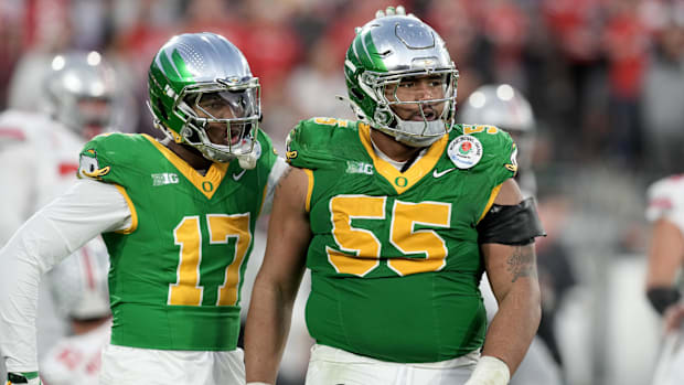 Jan 1, 2025; Pasadena, CA, USA; Oregon Ducks defensive lineman Derrick Harmon (55) reacts in the second half against the Ohio