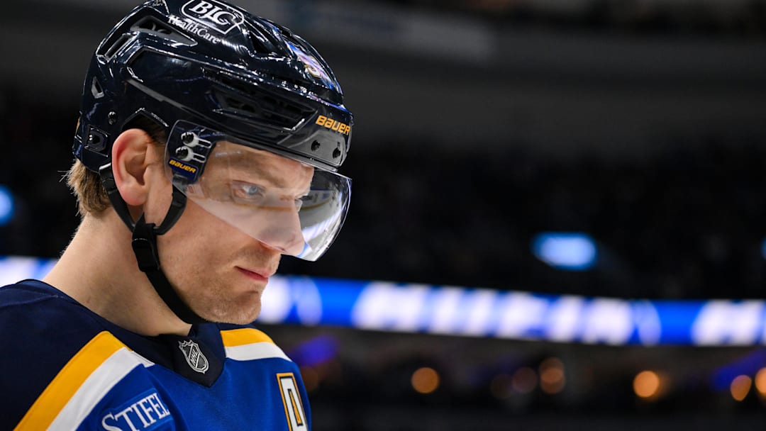 Jan 27, 2026; St. Louis, Missouri, USA; St. Louis Blues defenseman Colton Parayko (55) looks on during the first period against the Dallas Stars at Enterprise Center. Mandatory Credit: Jeff Curry-Imagn Images
