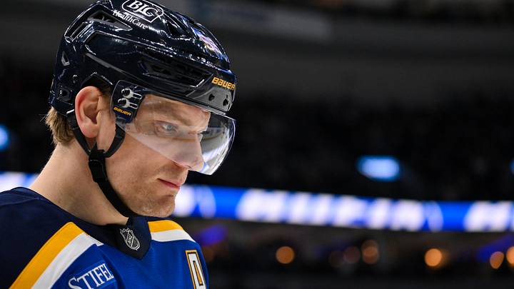 Jan 27, 2026; St. Louis, Missouri, USA; St. Louis Blues defenseman Colton Parayko (55) looks on during the first period against the Dallas Stars at Enterprise Center. Mandatory Credit: Jeff Curry-Imagn Images