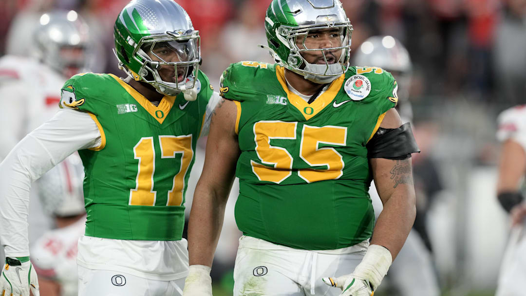 Jan 1, 2025; Pasadena, CA, USA; Oregon Ducks defensive lineman Derrick Harmon (55) reacts in the second half against the Ohio State Buckeyes in the 2025 Rose Bowl college football quarterfinal game at Rose Bowl Stadium. Mandatory Credit: Kirby Lee-Imagn Images