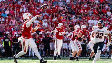 Aug 31, 2024; Lincoln, Nebraska, USA; Nebraska Cornhuskers quarterback Dylan Raiola (15) throws a pass against the UTEP Miners during the third quarter at Memorial Stadium. Mandatory Credit: Dylan Widger-Imagn Images