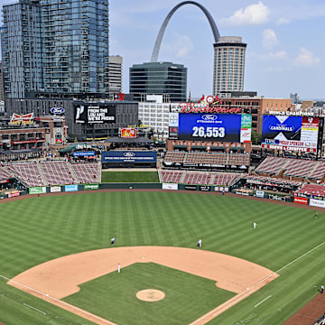 Aug 29, 2024; St. Louis, Missouri, USA;  A general view as the attendance is announced before the start of the eighth inning of a game between the St. Louis Cardinals and the San Diego Padres at Busch Stadium. Mandatory Credit: Jeff Curry-Imagn Images