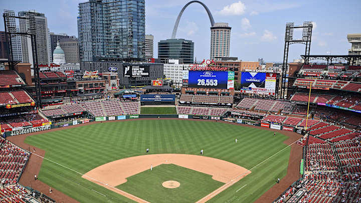 Aug 29, 2024; St. Louis, Missouri, USA;  A general view as the attendance is announced before the start of the eighth inning of a game between the St. Louis Cardinals and the San Diego Padres at Busch Stadium. Mandatory Credit: Jeff Curry-Imagn Images