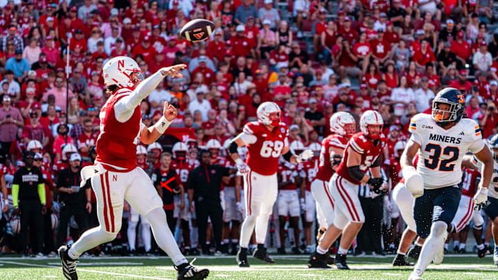 Aug 31, 2024; Lincoln, Nebraska, USA; Nebraska Cornhuskers quarterback Dylan Raiola (15) throws a pass against the UTEP Miners during the third quarter at Memorial Stadium. Mandatory Credit: Dylan Widger-Imagn Images