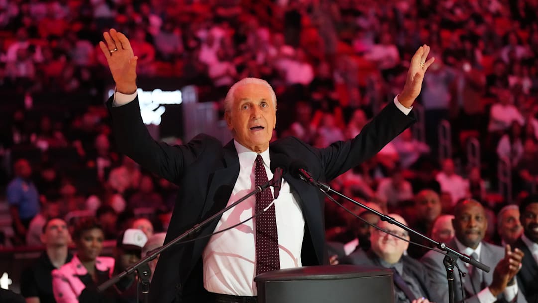 Oct 23, 2024; Miami, Florida, USA;  Miami Heat president Pat Riley addresses the crowd during the Pat Riley Court dedication ceremony at halftime at Kaseya Center. Mandatory Credit: Jim Rassol-Imagn Images