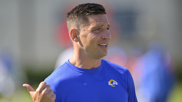 Jul 29, 2024; Los Angeles, CA, USA; Los Angeles Rams defensive coordinator Chris Shula on the field during training camp at Loyola Marymount University. Mandatory Credit: Jayne Kamin-Oncea-Imagn Images