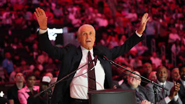 Oct 23, 2024; Miami, Florida, USA;  Miami Heat president Pat Riley addresses the crowd during the Pat Riley Court dedication ceremony at halftime at Kaseya Center. Mandatory Credit: Jim Rassol-Imagn Images