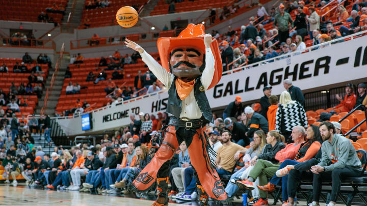 Jan 23, 2024; Stillwater, Oklahoma, USA; Oklahoma State Cowboys mascot Pistol Pete