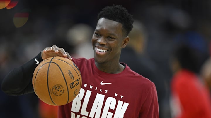 Feb 11, 2026; Cleveland, Ohio, USA; Cleveland Cavaliers guard Dennis Schroder (8) warms up at halftime against the Washington Wizards at Rocket Arena. Mandatory Credit: David Richard-Imagn Images