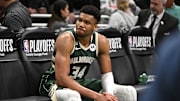 Apr 26, 2023; Milwaukee, Wisconsin, USA; Milwaukee Bucks forward Giannis Antetokounmpo (34) sits on the bench after a 128-126 loss to the Miami Heat during game five of the 2023 NBA Playoffs at Fiserv Forum. Mandatory Credit: Michael McLoone-Imagn Images