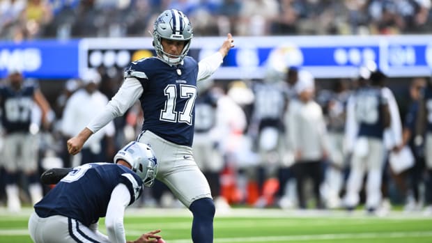 Dallas Cowboys kicker Brandon Aubrey (17) kicks the ball against the Los Angeles Rams during the fourth quarter at SoFi Stadi