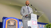 Jul 27, 2025; Cooperstown, NY, USA; Hall of Fame inductee CC Sabathia reacts making his acceptance speech during the Baseball Hall of Fame Induction Ceremony at the Clark Sports Center. Mandatory Credit: Gregory Fisher-Imagn Images