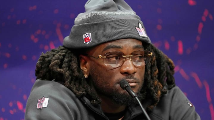 Feb 5, 2024; Las Vegas, NV, USA; San Francisco 49ers wide receiver Brandon Aiyuk (11) talks to the media during Super Bowl LVIII Opening Night at Allegiant Stadium. Mandatory Credit: Lucas Peltier-USA TODAY Sports