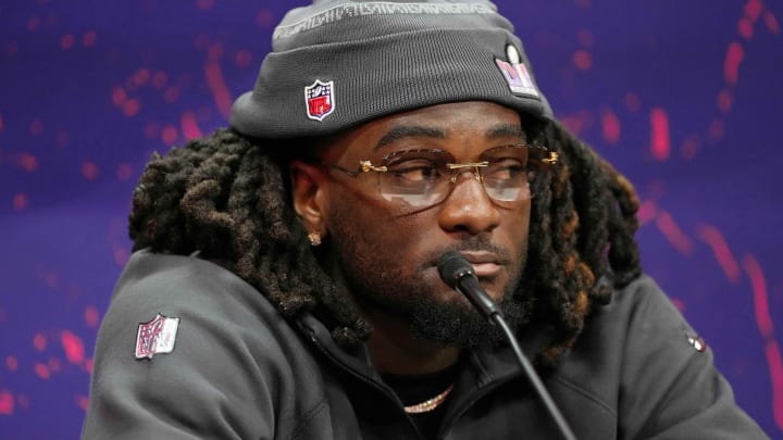 Feb 5, 2024; Las Vegas, NV, USA; San Francisco 49ers wide receiver Brandon Aiyuk (11) talks to the media during Super Bowl LVIII Opening Night at Allegiant Stadium. Mandatory Credit: Lucas Peltier-USA TODAY Sports