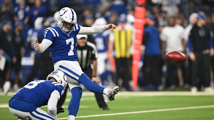 Indianapolis Colts kicker Matt Gay kicks a field goal. Indianapolis Colts kicker Matt Gay kicks a field goal.