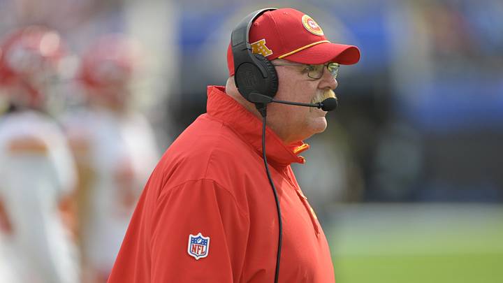 Sep 29, 2024; Inglewood, California, USA;  Kansas City Chiefs head coach Andy Reid on the sidelines in the second half against the Los Angeles Chargers at SoFi Stadium. Mandatory Credit: Jayne Kamin-Oncea-Imagn Images