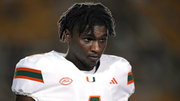 Oct 5, 2024; Berkeley, California, USA; Miami Hurricanes quarterback Cam Ward (1) walks on the field before the game against the California Golden Bears at California Memorial Stadium. Mandatory Credit: Darren Yamashita-Imagn Images