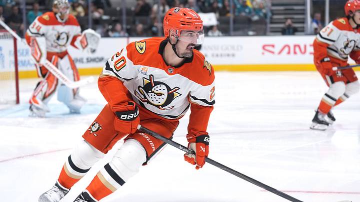 Oct 11, 2025; San Jose, California, USA; Anaheim Ducks left wing Chris Kreider (20) during the second period against the San Jose Sharks at SAP Center at San Jose. Mandatory Credit: Darren Yamashita-Imagn Images