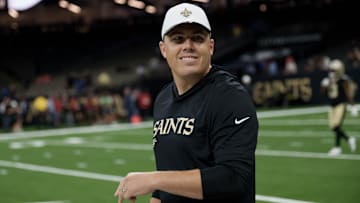 Aug 23, 2025; New Orleans, Louisiana, USA; New Orleans Saints head coach Kellen Moore walks the sideline before a game against the Denver Broncos at Caesars Superdome. Mandatory Credit: Matthew Hinton-Imagn Images